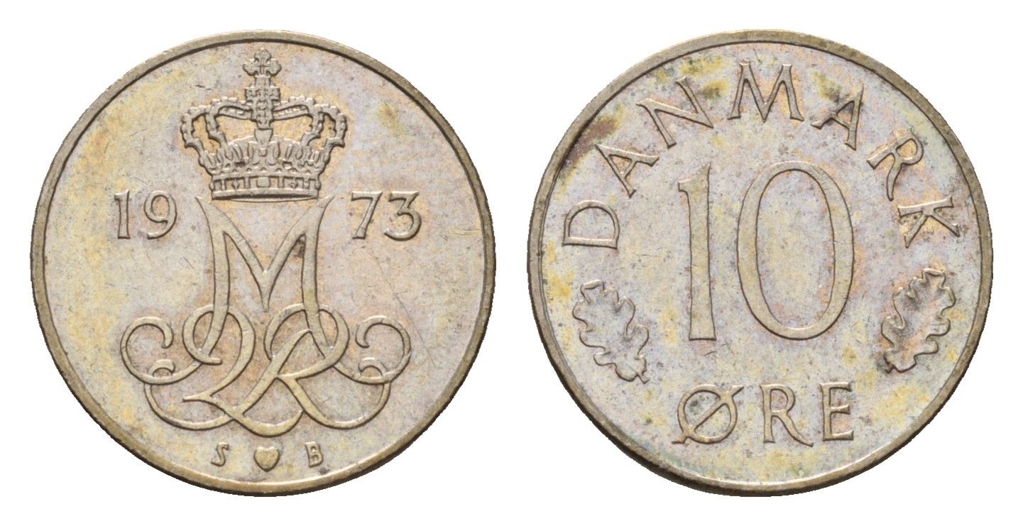 Дания 10 эре 1973 S; B, Маргрете II (1972-2024) KM 860 медно-никель 4701-938