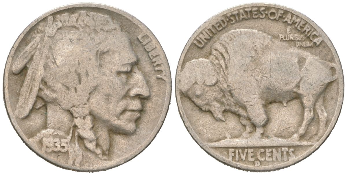 США 5 центов 1935 D, индеец, бизон KM 134 медно-никель 4614-1218