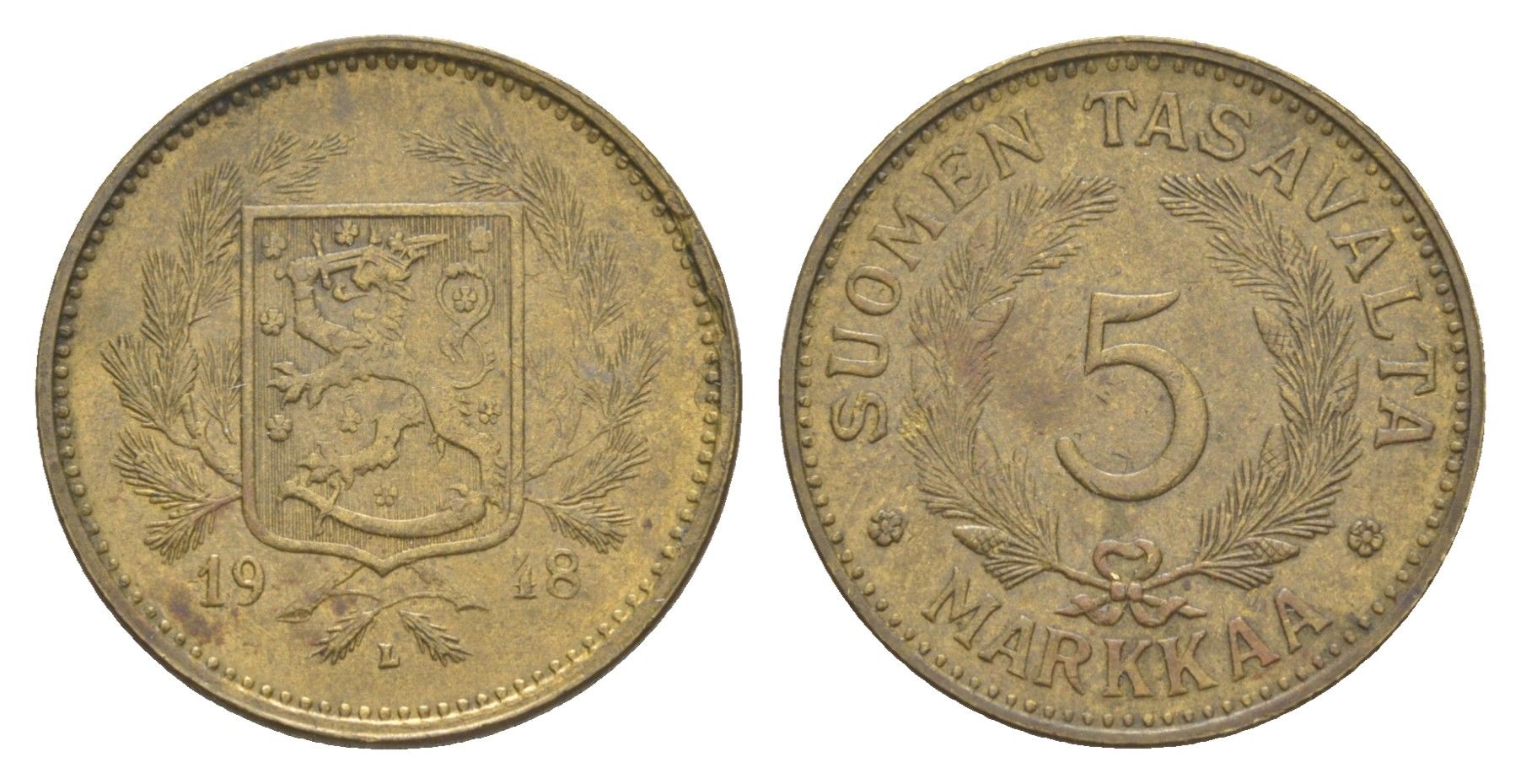 Финляндия 5 марок 1948 KM 31a латунь 4648-623