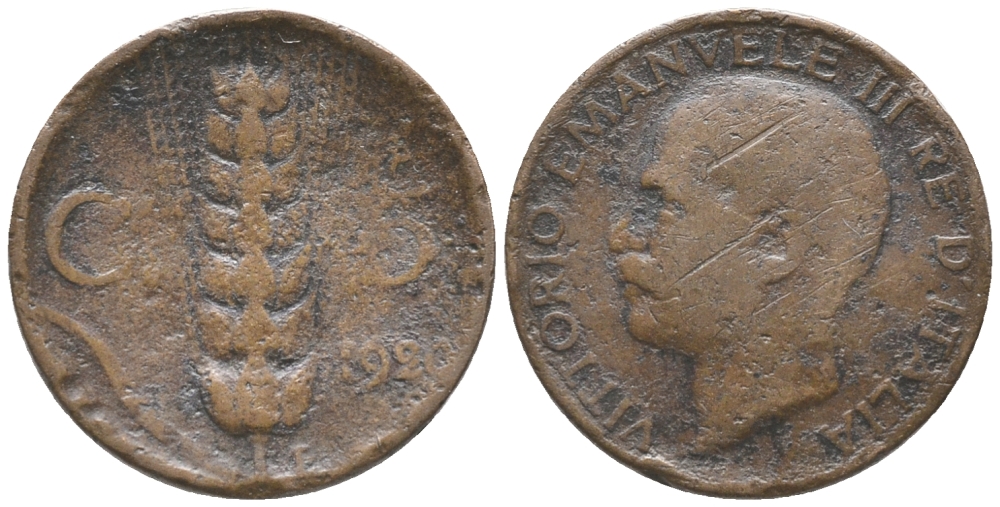 ИТАЛИЯ 5 ЧЕНТЕЗИМО 1920 R, КОЛОС, ВИКТОР ИМАНУИЛ III (1900-1946) KM 59 медь 34-253