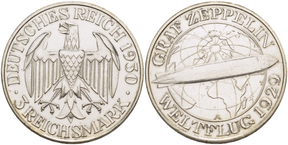 Германия 3 марки 1930 A, полет дирижабля граф Цеппелин J. 342, KM 67 серебро 650-1315