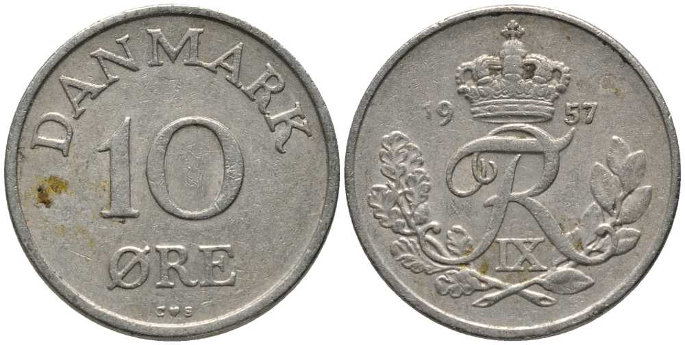 ДАНИЯ 10 ЭРЕ 1957 C; S, ФРЕДЕРИК IX (1947-1972) KM 841.2 медно-никель 116-217