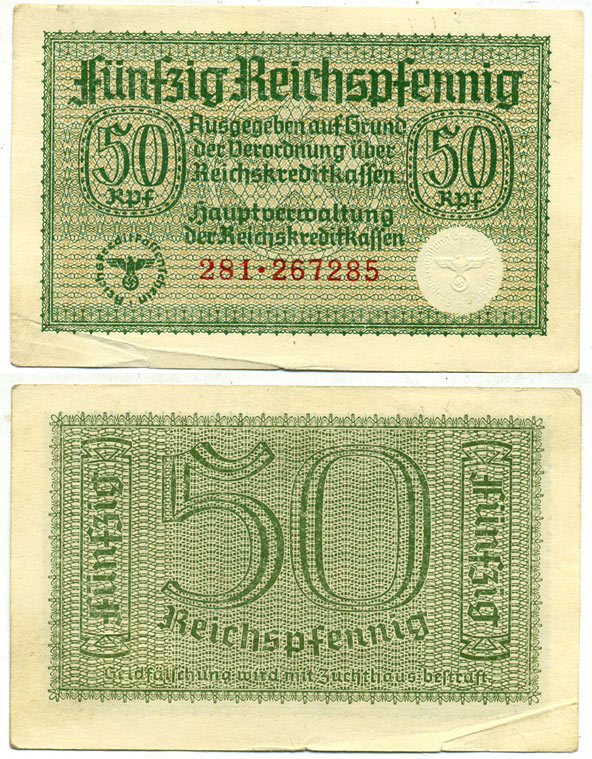 ГЕРМАНИЯ 50 РЕЙХСПФЕННИГОВ 1940-1945 ДЛЯ ОККУПИРОВАННЫХ ТЕРРИТОРИЙ Pick R135 бумага 3295-87-2-2