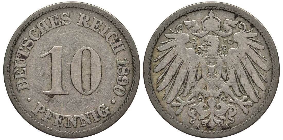 ГЕРМАНИЯ 10 ПФЕННИГОВ 1890 A KM 12, Jager 13, Weege 8 медно-никель 4543-824