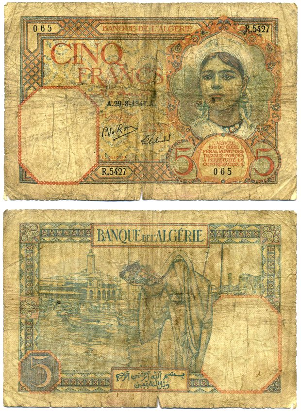 Алжир 5 франков 1941 29 августа 1941 Pick 77b бумага 7191-2-1-2
