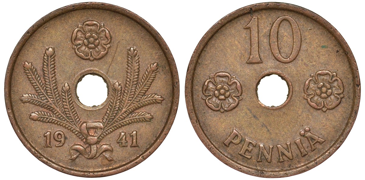 Финляндия 10 пенни 1941 KM 33.1 медь 51-3652