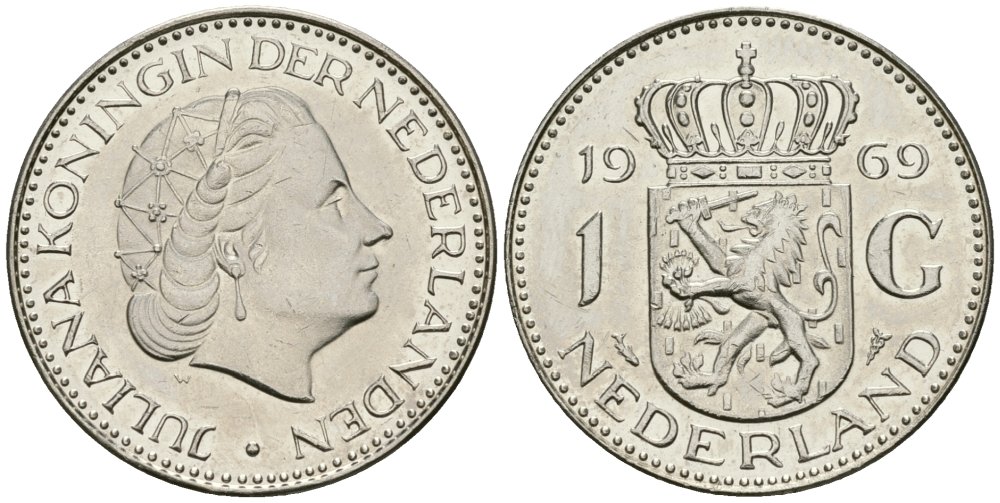 Нидерланды 1 гульден 1969 Юлиана (1948-1980) KM 184a никель UNC 4579-532