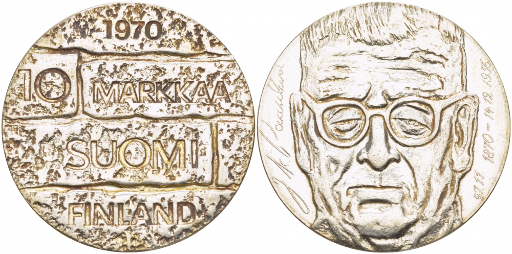 Финляндия 10 марок 1970 S-H, день рождения президента Юхо Паасикиви KM 51 серебро UNC 1515-1412