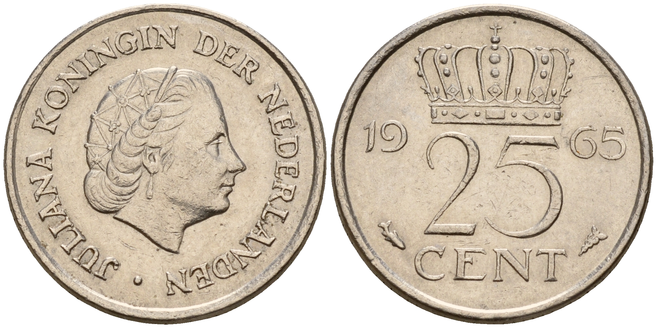 Нидерланды 25 центов 1965 Юлиана (1949-1980) KM 183 никель    4598-425