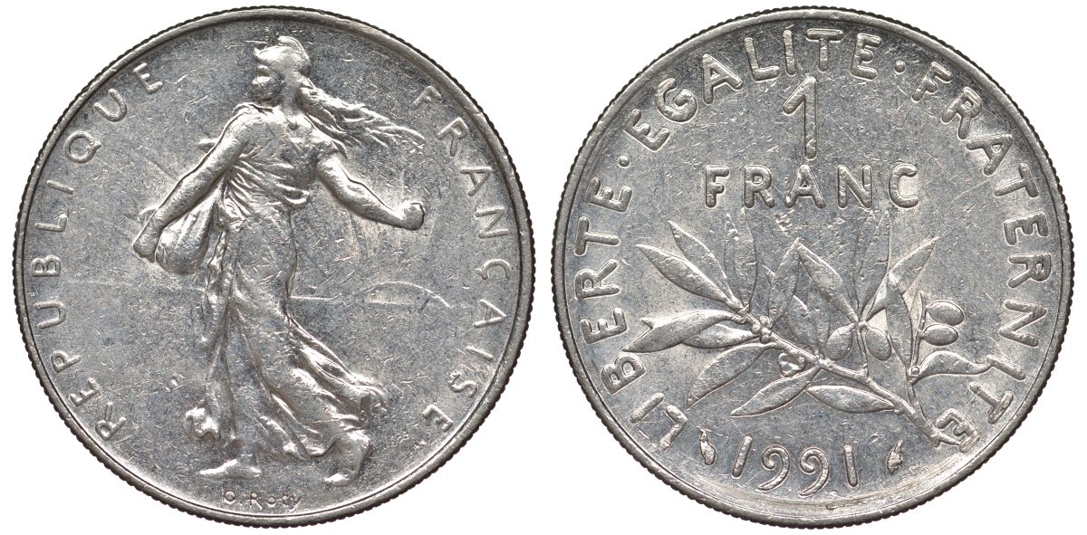 Франция 1 франк 1991 сеятель KM 925.1 никель 25-2411