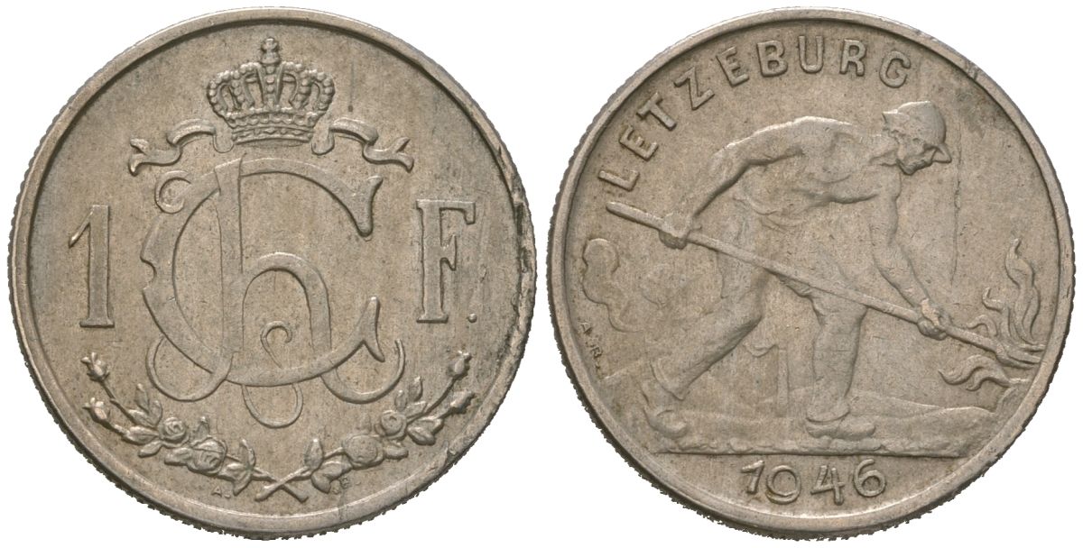 Люксембург 1 франк 1946 Шарлотта (1918-1964), сталевар KM 46.1 медно-никель 4618-814