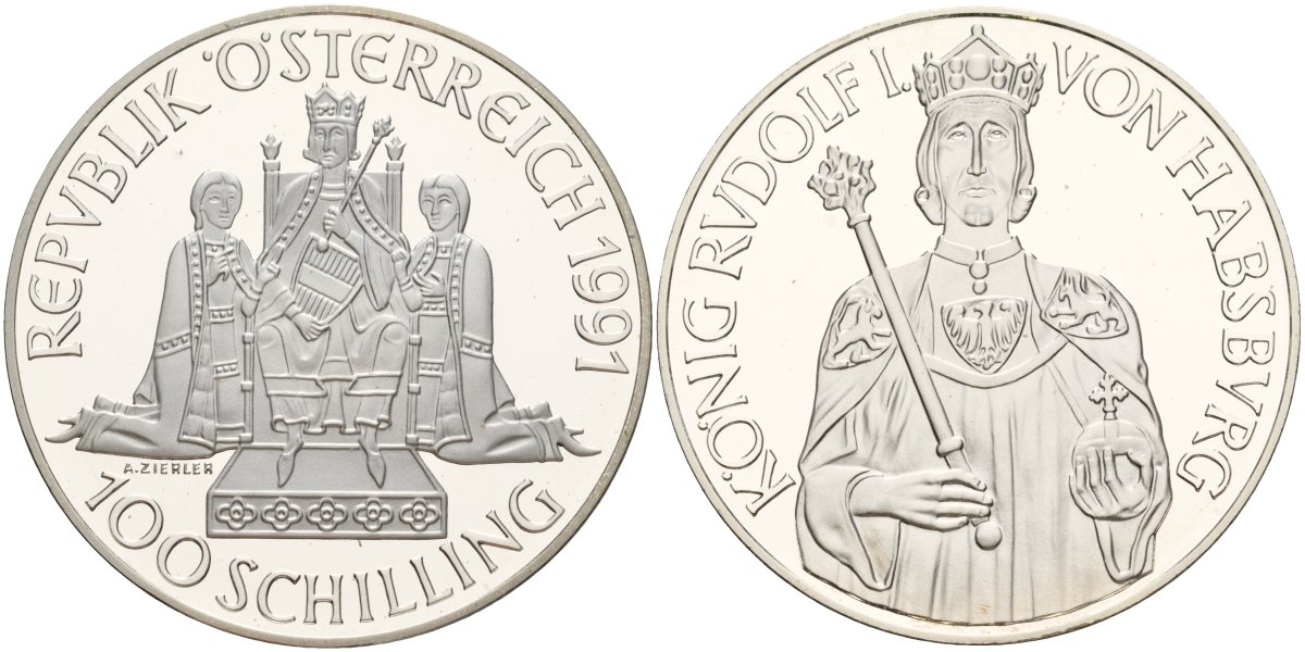 Австрия 100 шиллингов 1991 Рудольф I, в коробке, с сертификатом подлинности KM 3001 серебро PROOF 3-4-4-01