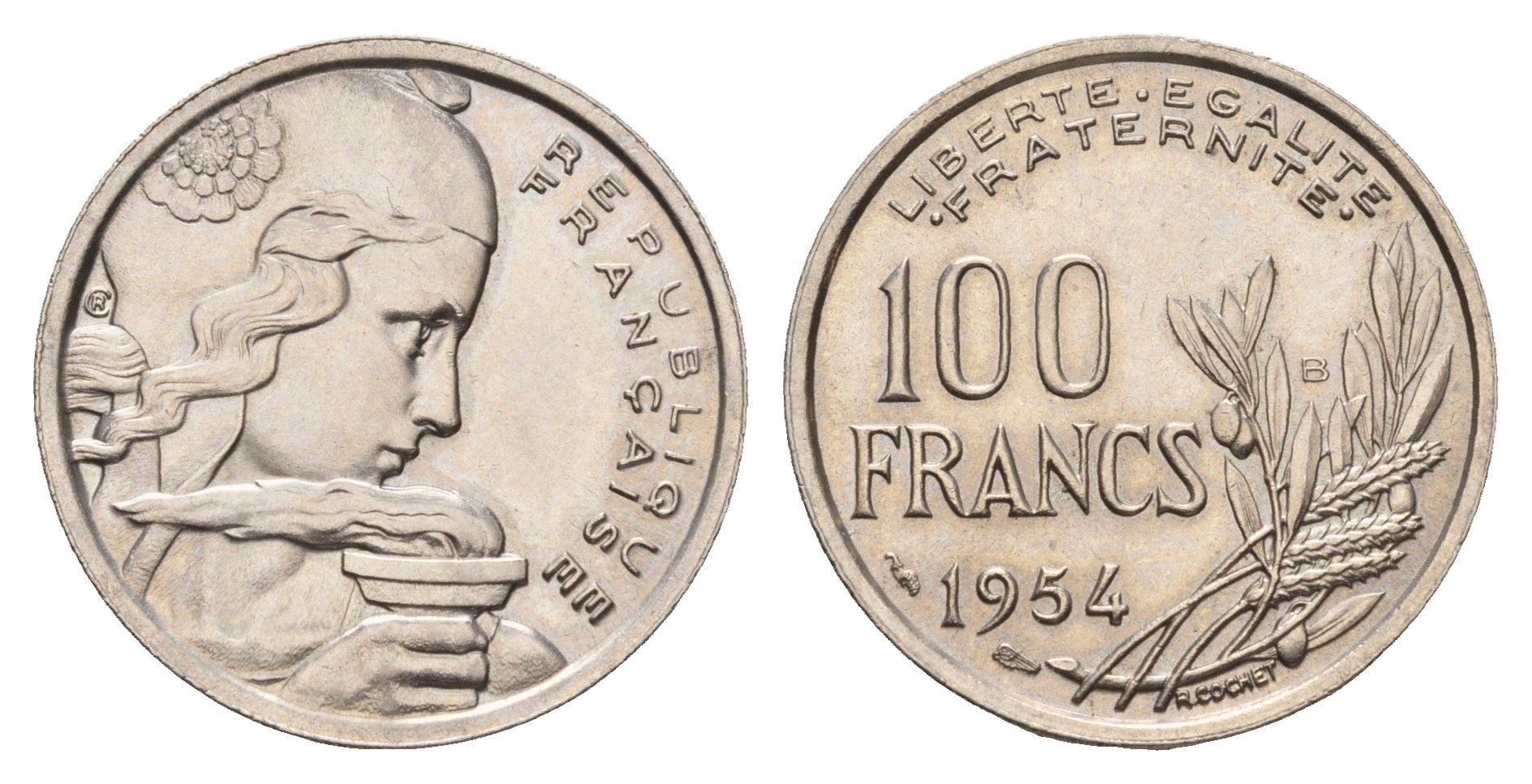 Франция 100 франков 1954 KM 919.1, Le Franc 450.2 медно-никель UNC 4675-755