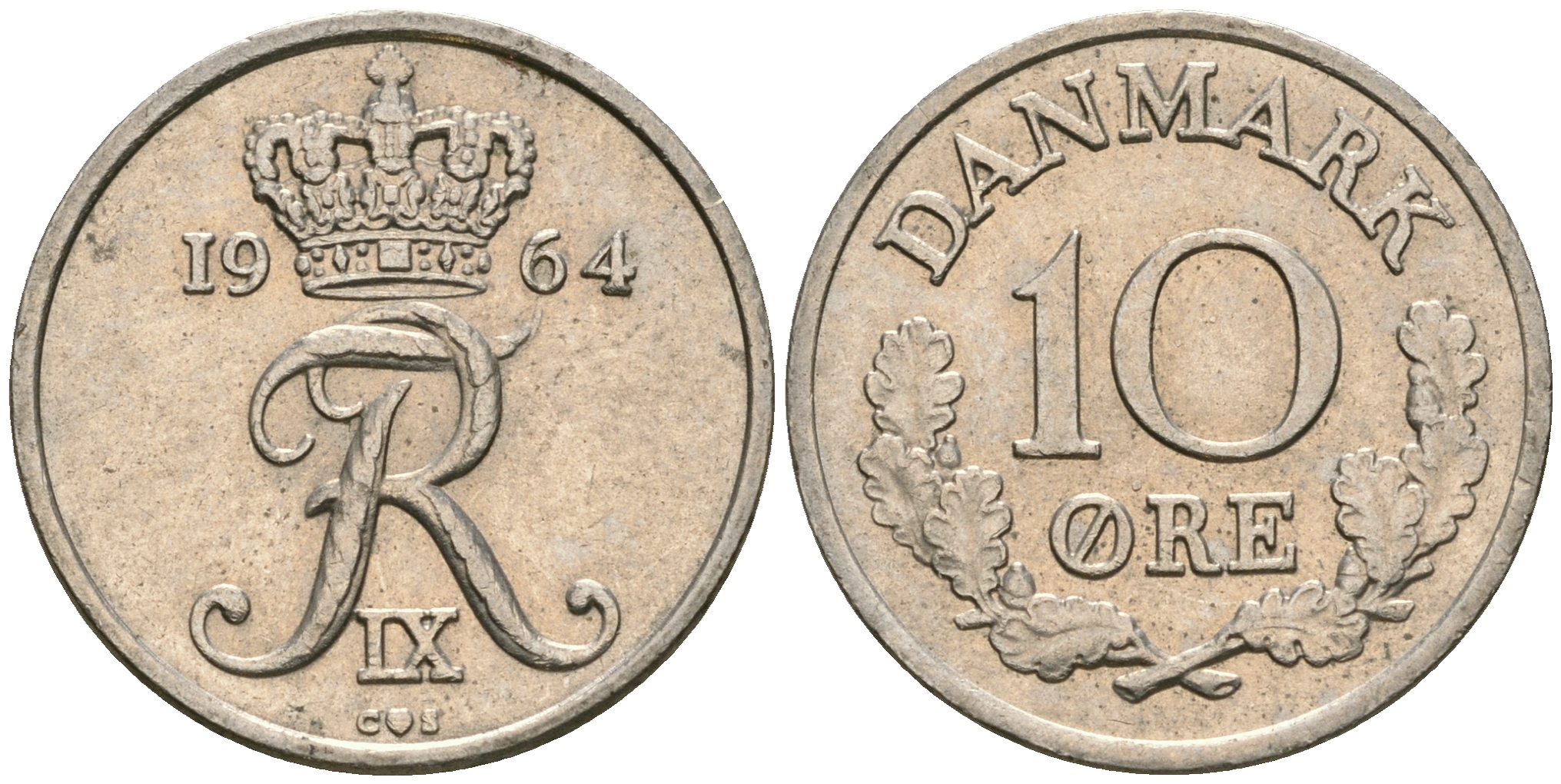Дания 10 эре 1964 C; S, Фредерик IX (1947-1972) KM 849.1 медно-никель 08-1434