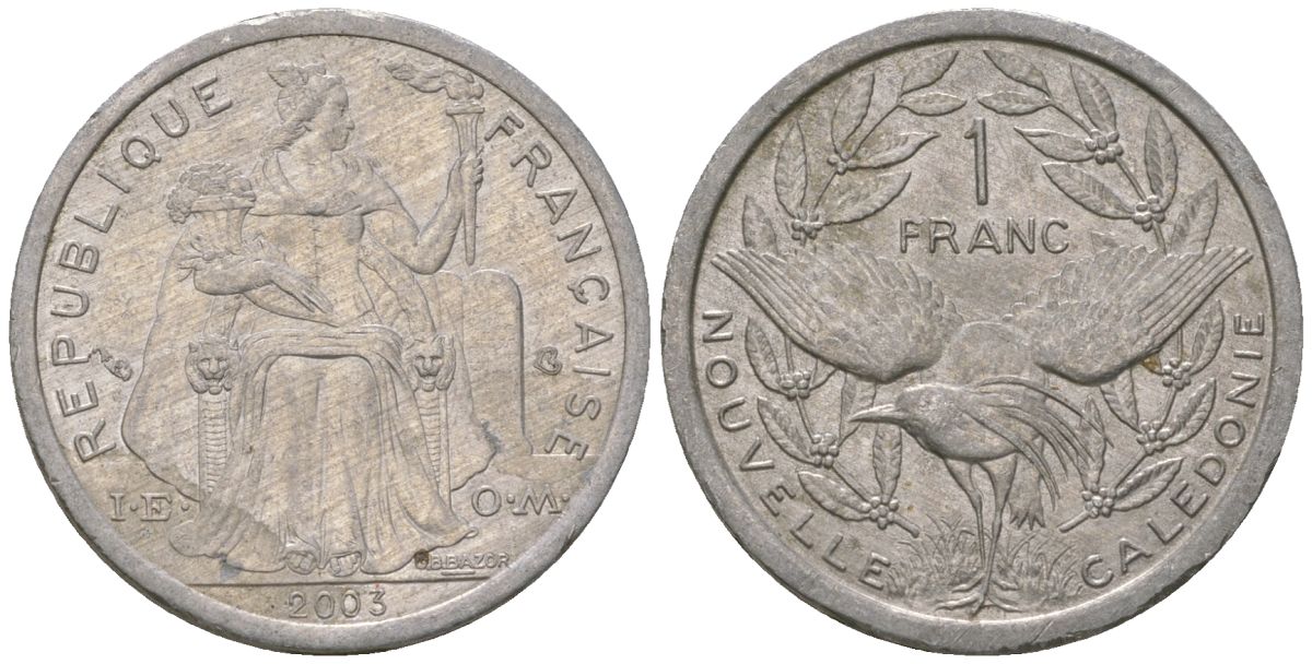 Французская Новая Каледония 1 франк 2003 птица кагу, (IEOM) KM 10, Schoen 10, Lec 52h алюминий 46-1827