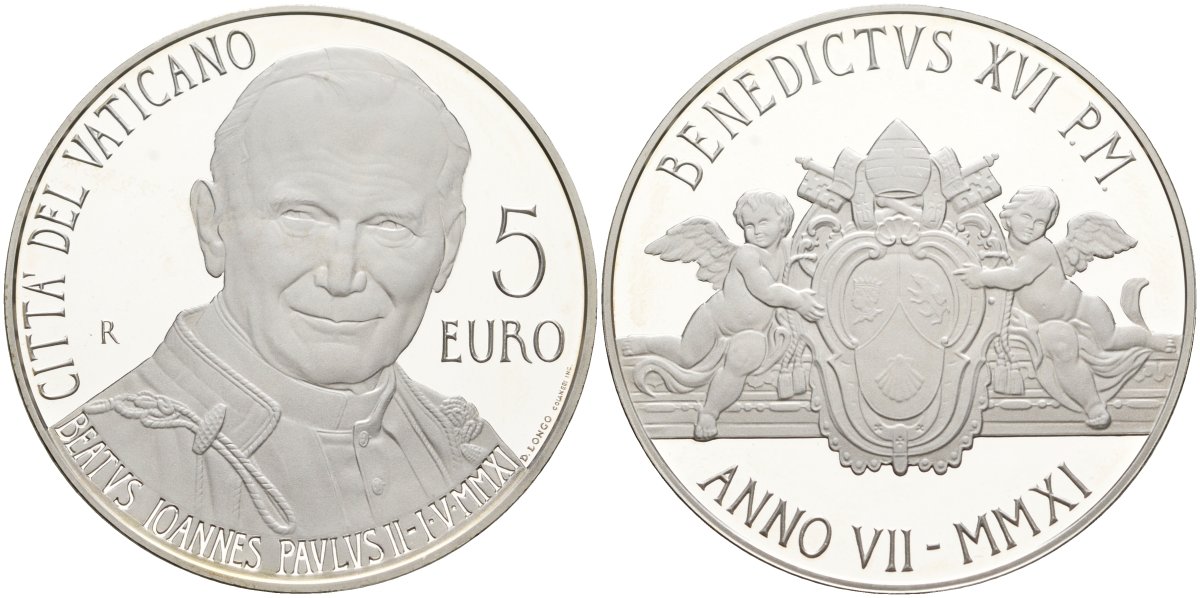 Ватикан 5 евро 2011 Бенедикт XVI, беатификация Папы Римского Иоанна Павла II, в оригинальной коробке, с сертификатом KM 429 серебро  PROOF  7-1-1-25