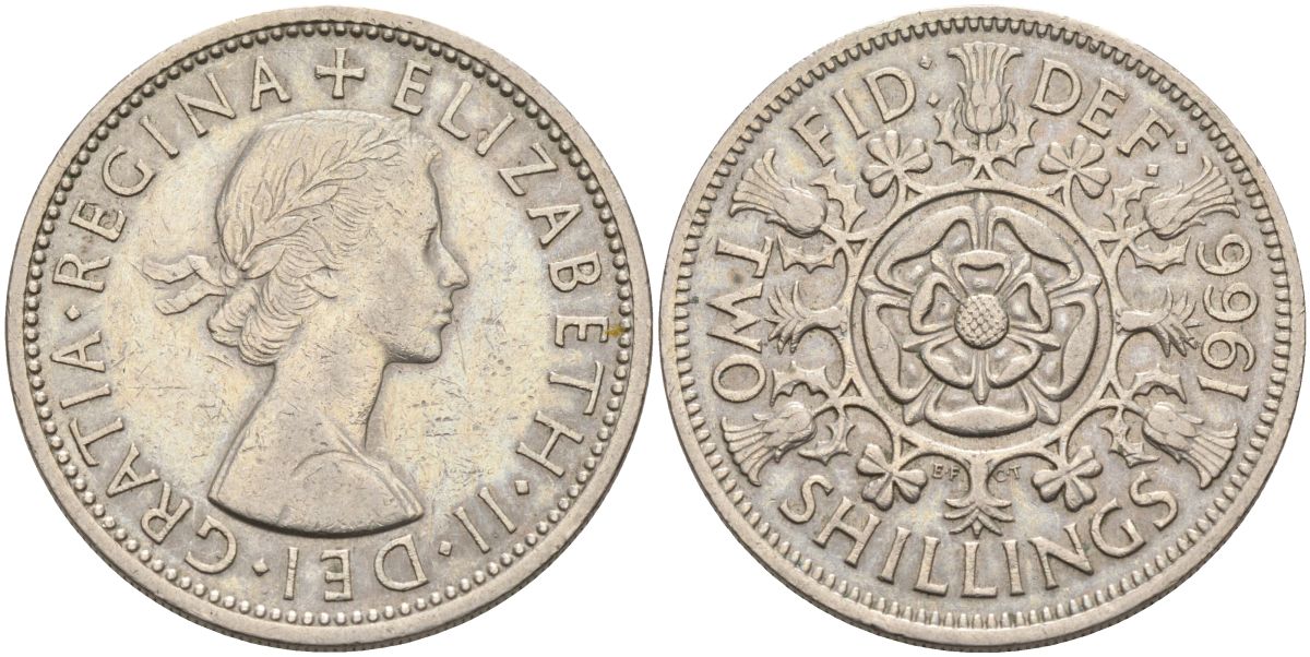 Великобритания 2 шиллинга (флорин) 1966 Елизавета II (1952-2022) KM 906, Spink 4146 медно-никель 4117-1033