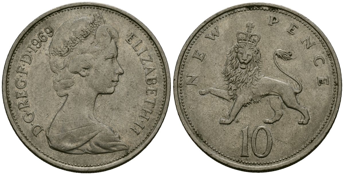 Великобритания 10 пенсов 1969 Елизавета II (1952-2022) KM 912, Spink 4231 (F1) медно-никель 4137-342
