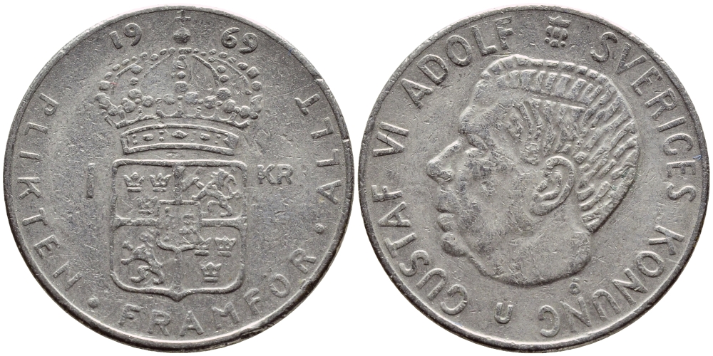 Швеция 1 крона 1969 Густав VI Адольф (1950-1973) KM 826a медь плакированная медно-никелем 4388-715