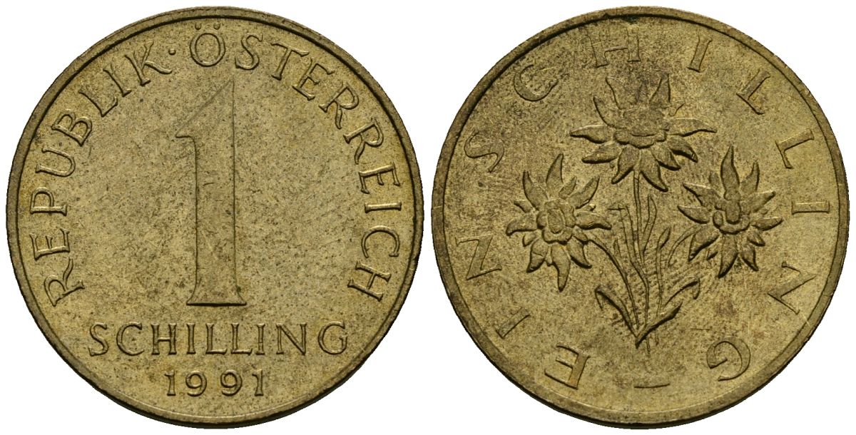 Австрия 1 шиллинг 1991 KM 2886 алюминиевая бронза 4135-224