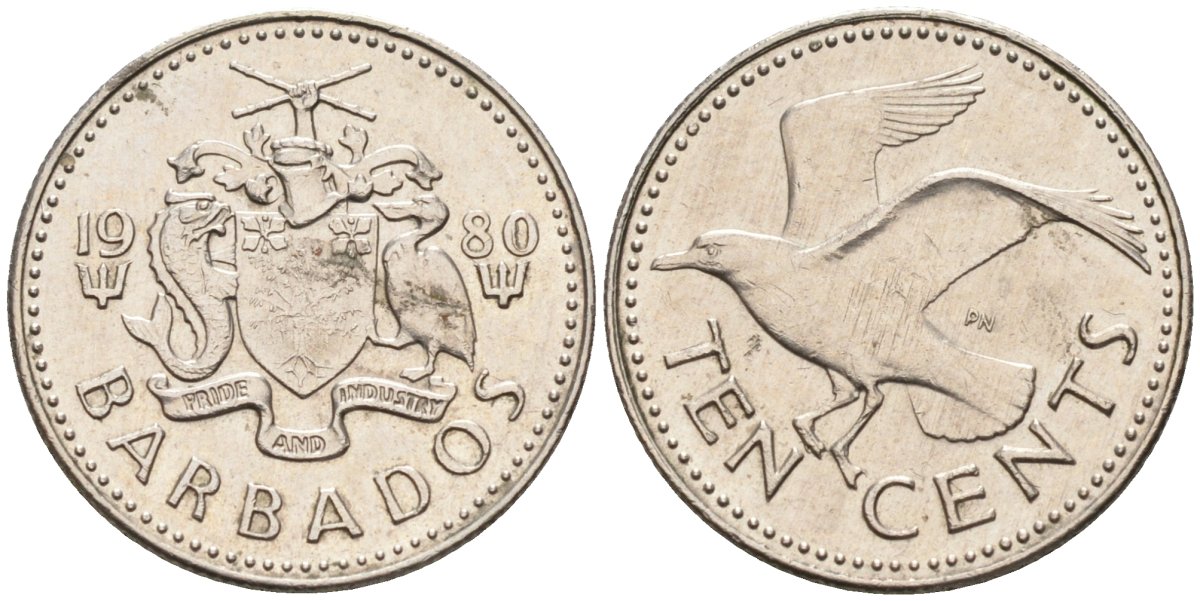 Барбадос 10 центов 1980 смеющаяся (Ацтекская) чайка KM 12 медно-никель 4392-913