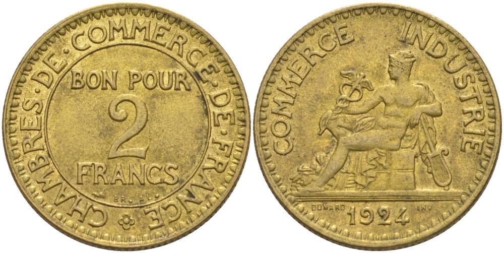 ФРАНЦИЯ 2 ФРАНКА 1924 ТИП CHAMBRES DE COMMERCE KM 877, LE FRANC 267.6 алюминиевая бронза 69-1146