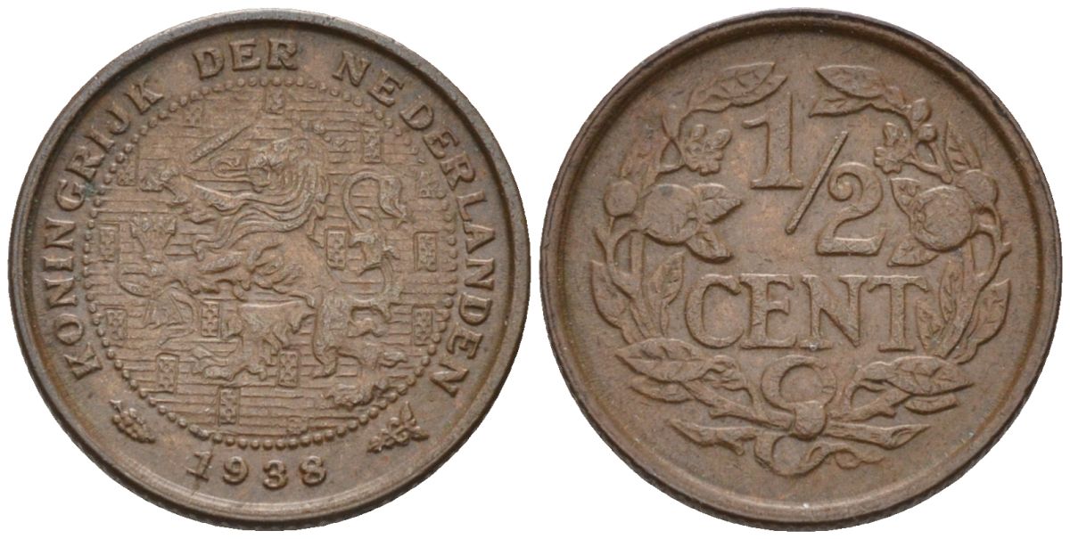 Нидерланды 1/2 цента 1938 Вильгельмина (1890-1948) KM 138 бронза 4588-965