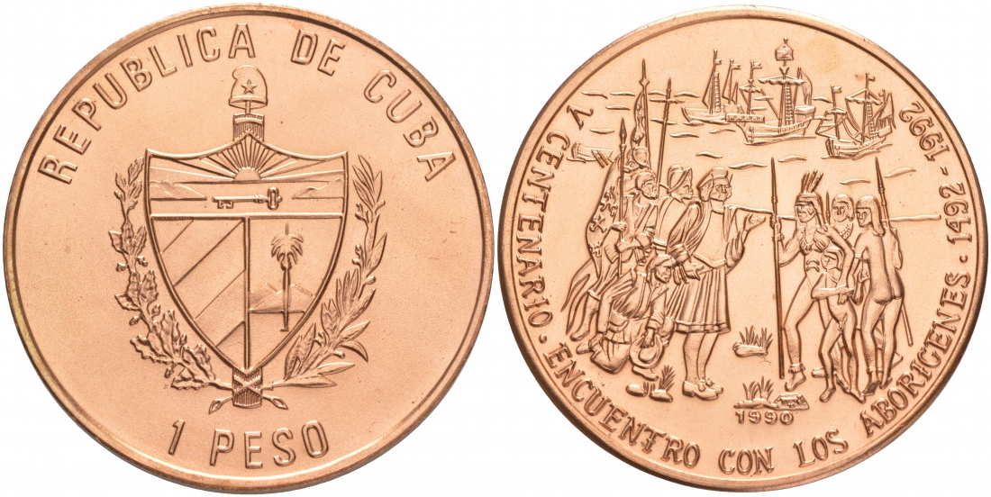 Куба 1 песо 1990 500 лет открытия Америки, Колумб и аборигены KM 471 медь UNC 00-00