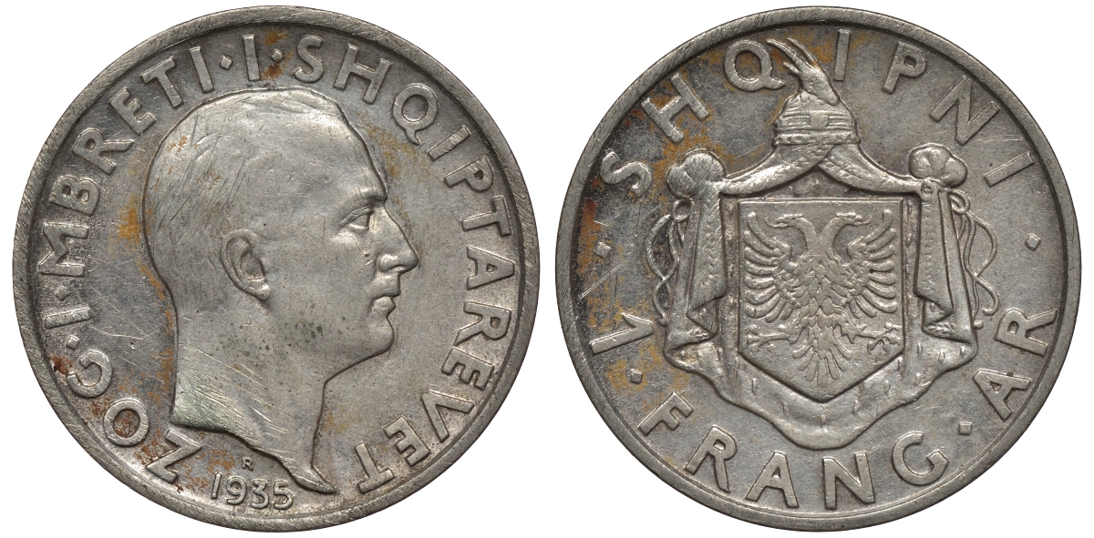 Албания 1 франга ари 1935 R, Ахмет Зогу I (1928-1939) KM 16 серебро 1526-1221