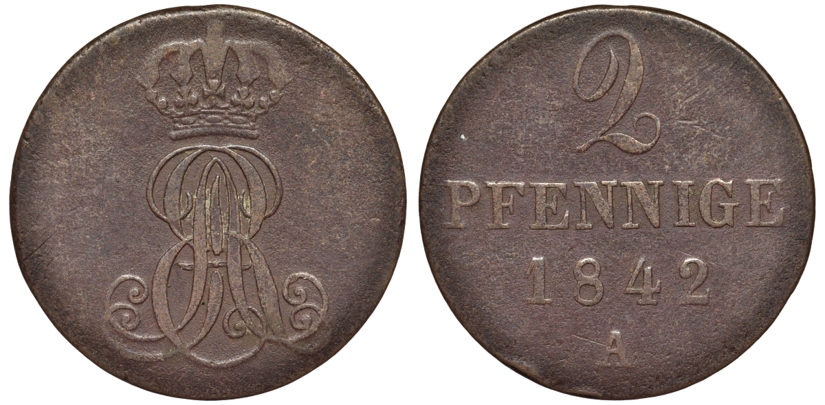 Ганновер 2 пфеннига 1842 A, Эрнст Август (1837-1851) KM 174.1, AKS 122, J. 55 медь 75-1726