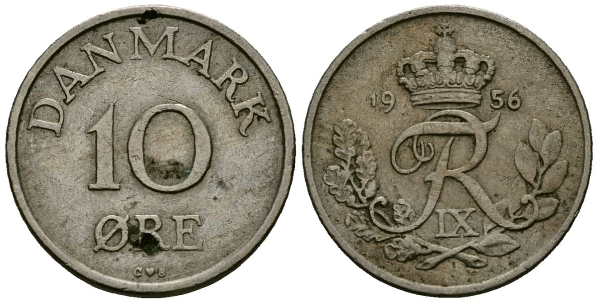 Дания 10 эре 1956 C; S, Фредерик IX (1947-1972) KM 841 медно-никель 4136-858