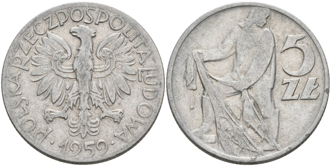 Польша 5 злотых 1959 MW, рыбак KM 47 алюминий 4572-345