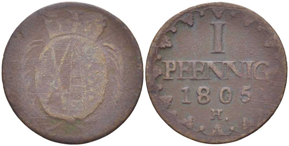САКСОНИЯ 1 ПФЕННИГ 1805 Н, ФРИДРИХ АВГУСТ III (1763-1806) KM 1000 (С91) медь 206-357