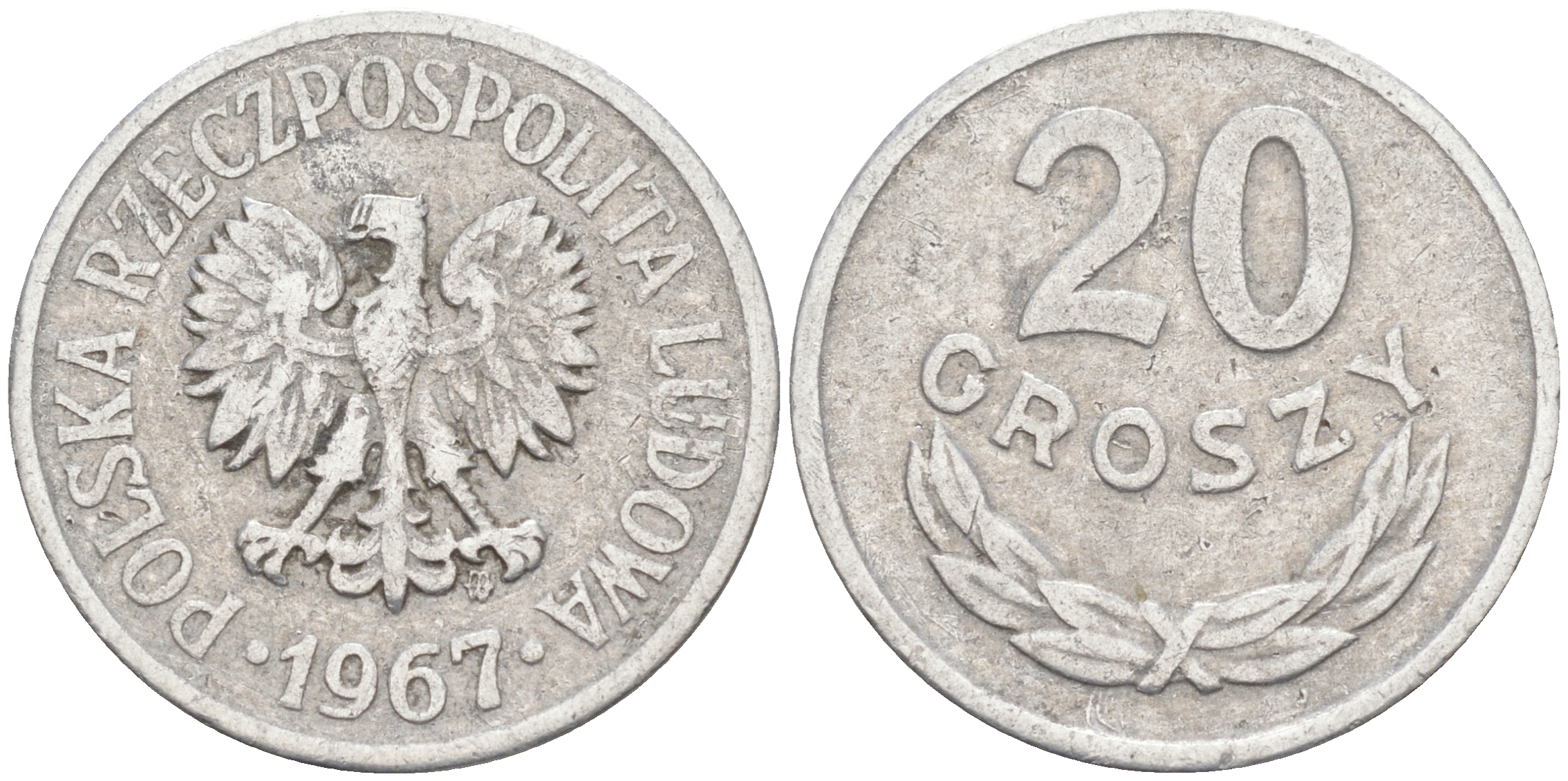 ПОЛЬША 20 ГРОШЕЙ 1967 MW KM A47 алюминий VF 188-266