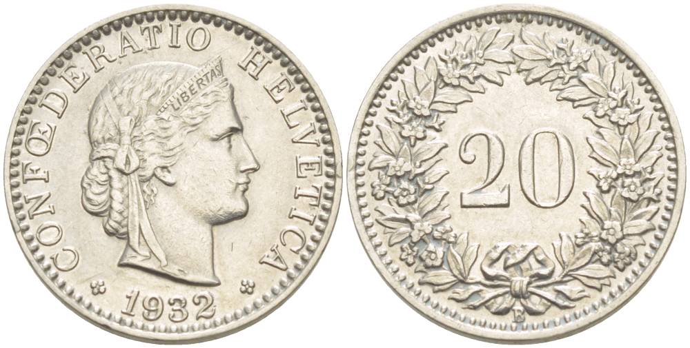 ШВЕЙЦАРИЯ 20 РАППЕНОВ 1932 В KM 29 никель 4514-1113