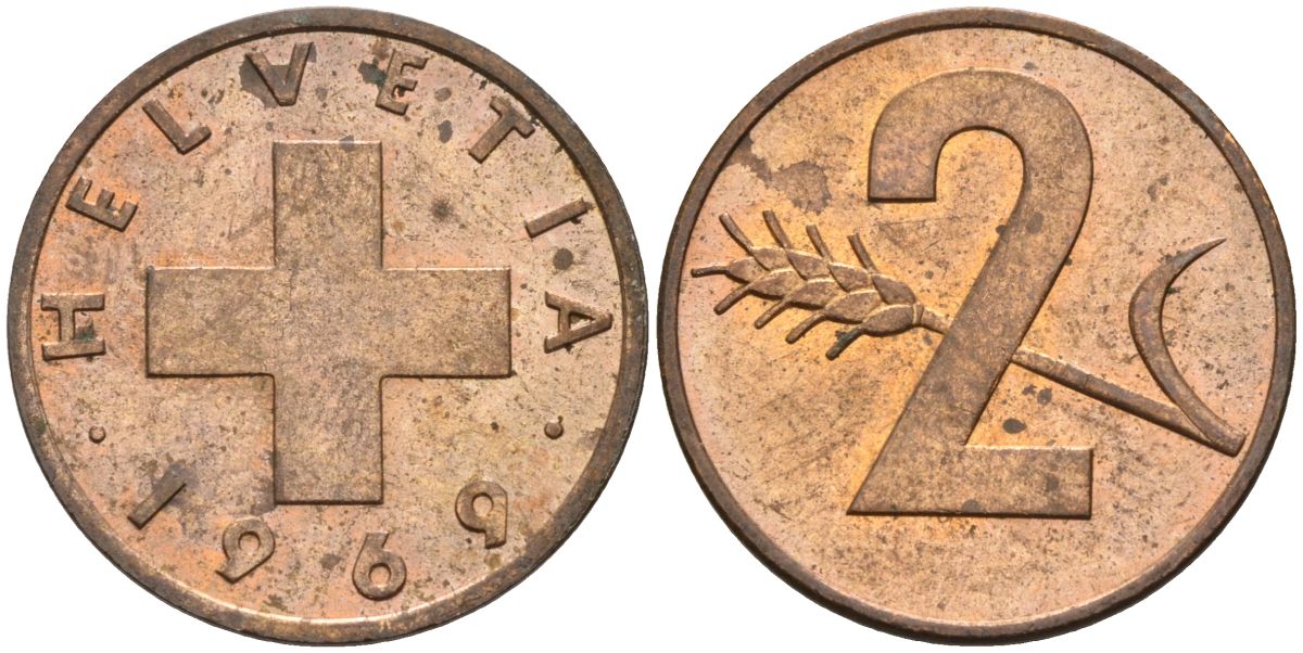 Швейцария 2 раппена 1969 KM 47 бронза 4592-544