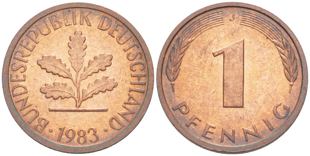 ФРГ 1 ПФЕННИГ 1983 J KM 105, J. 380 сталь плакированная медью 4181-651