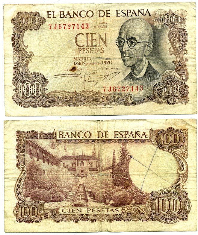 Испания 100 песет 1970 Мануэль де Фалья, летняя резиденция Мавританских королей в Гренаде Pick 152а  бумага 6279-13-2-1
