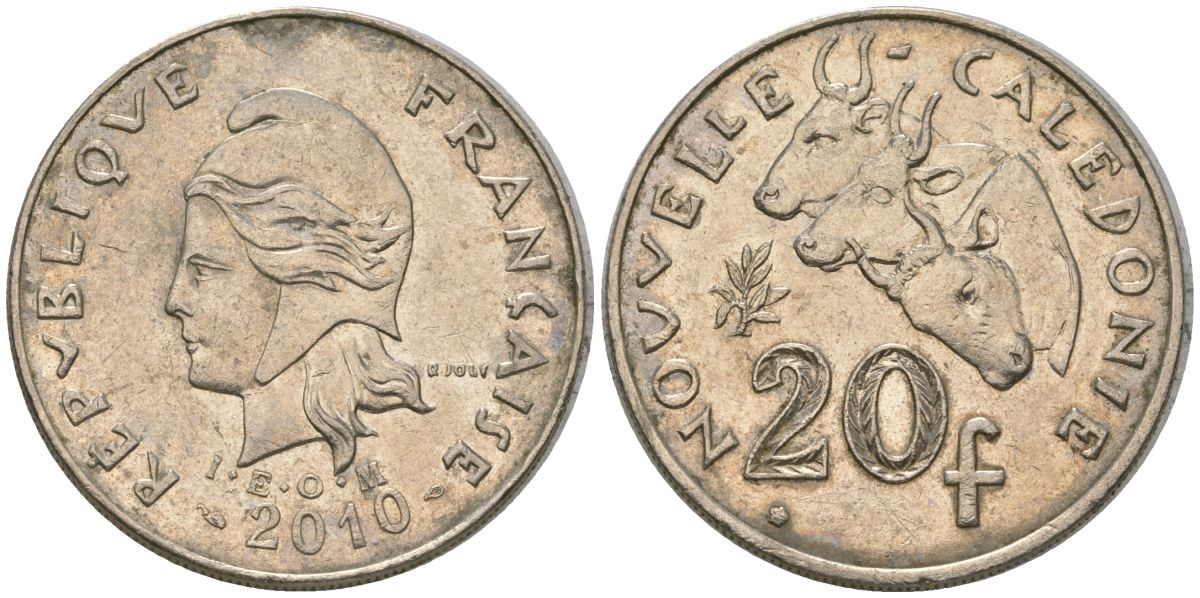 Французская Новая Каледония 20 франков 2010 три быка, (IEOM) KM 12a, Schoen 14a медно-никель 4137-413
