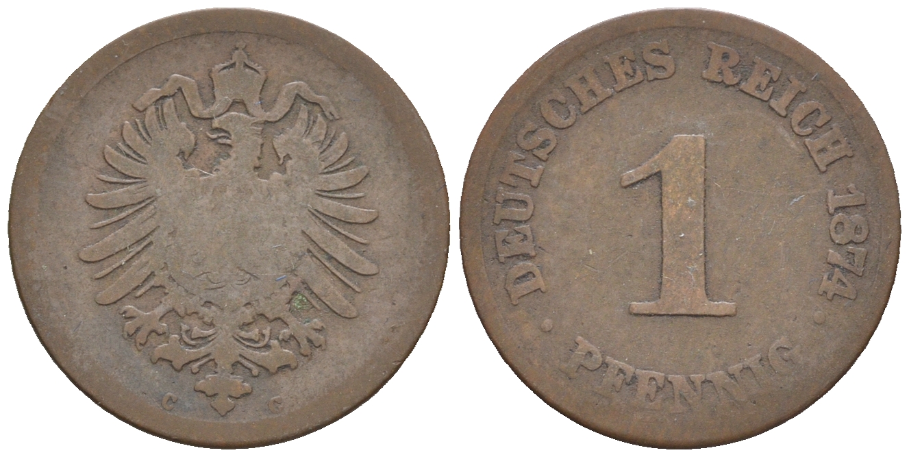 Германия 1 пфенниг 1874 C, Вильгельм I (1871-1888) KM 1, J. 1, Weege 1 медь 4147-332