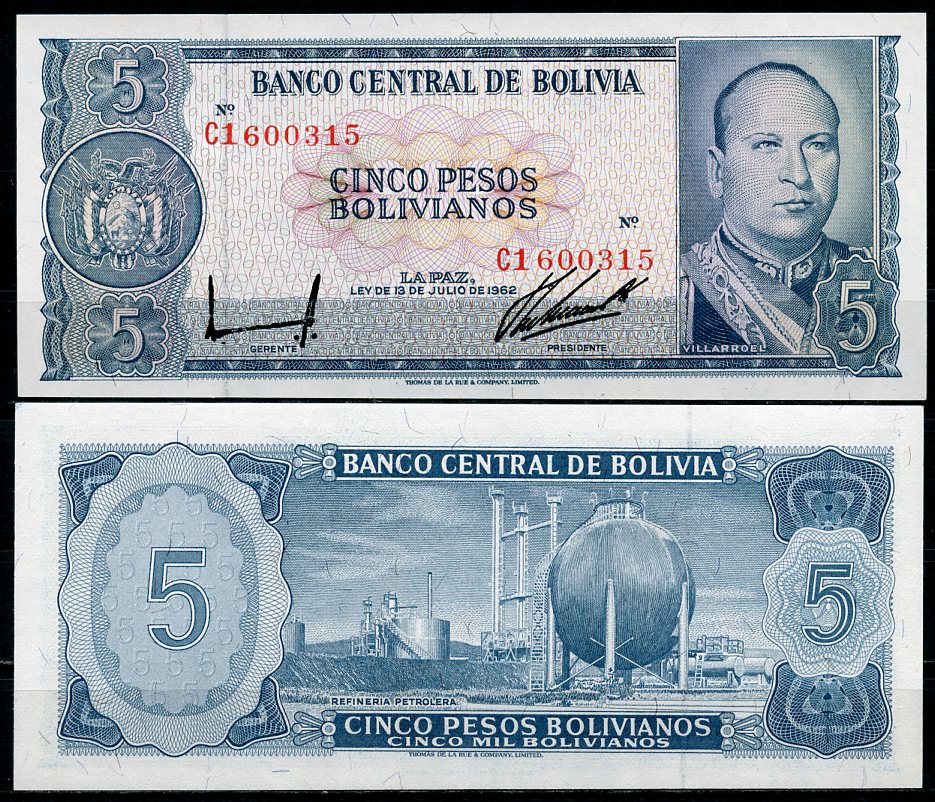 Боливия 5 песо боливиано 1962 серия C1, Гуальберто Вильярроэль, нефтепереработка Pick 153 a (10)  бумага  UNC (пресс) 447-10-2