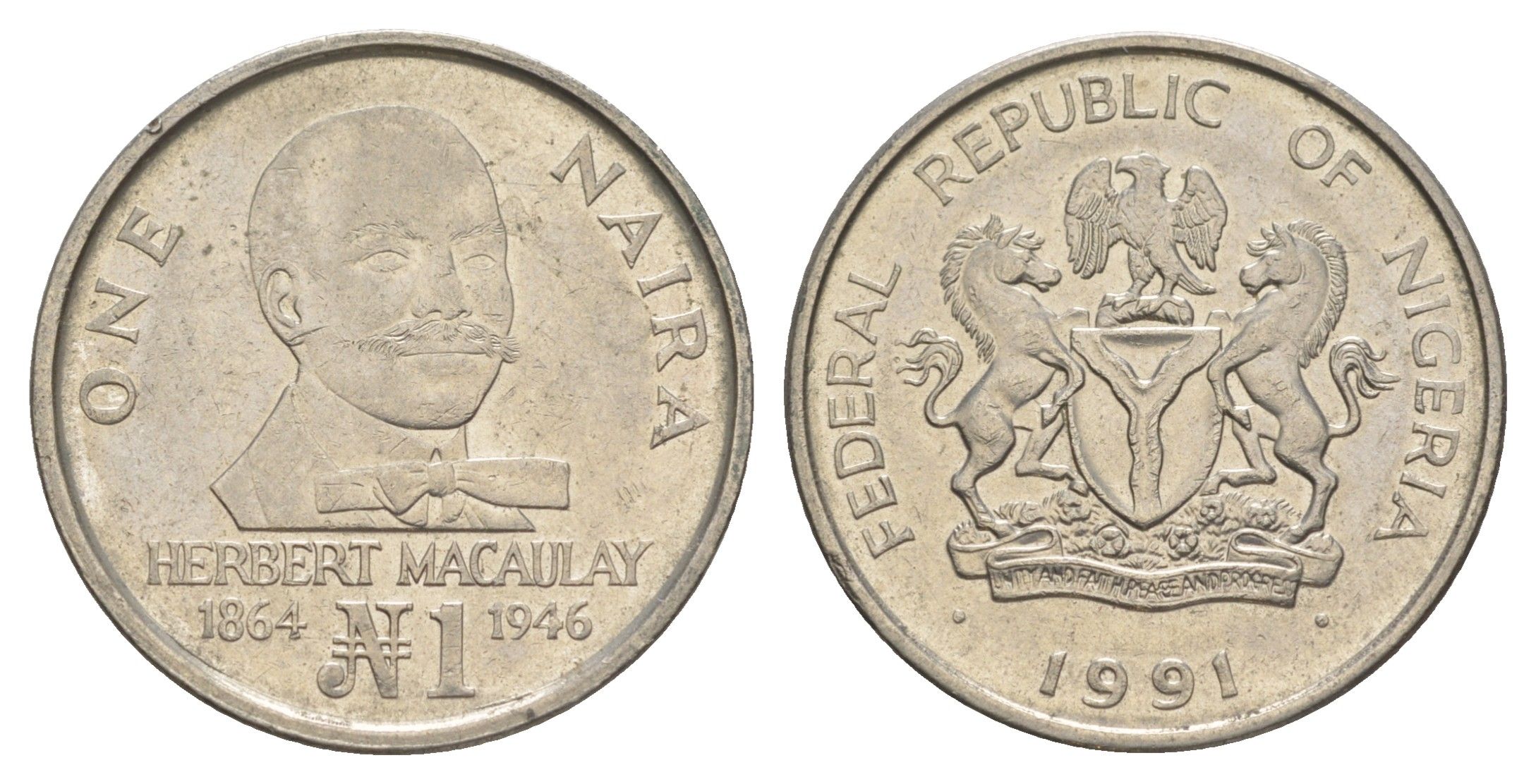 Нигерия 1 найра 1991 KM 14 сталь плакированная никелем 4177-445