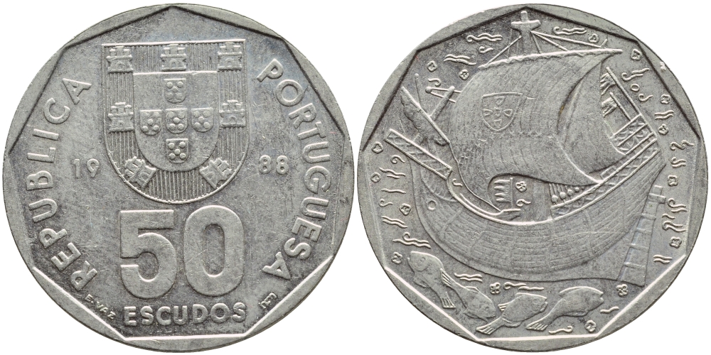 Португалия 50 эскудо 1988 парусник KM 636 медно-никель 4394-815