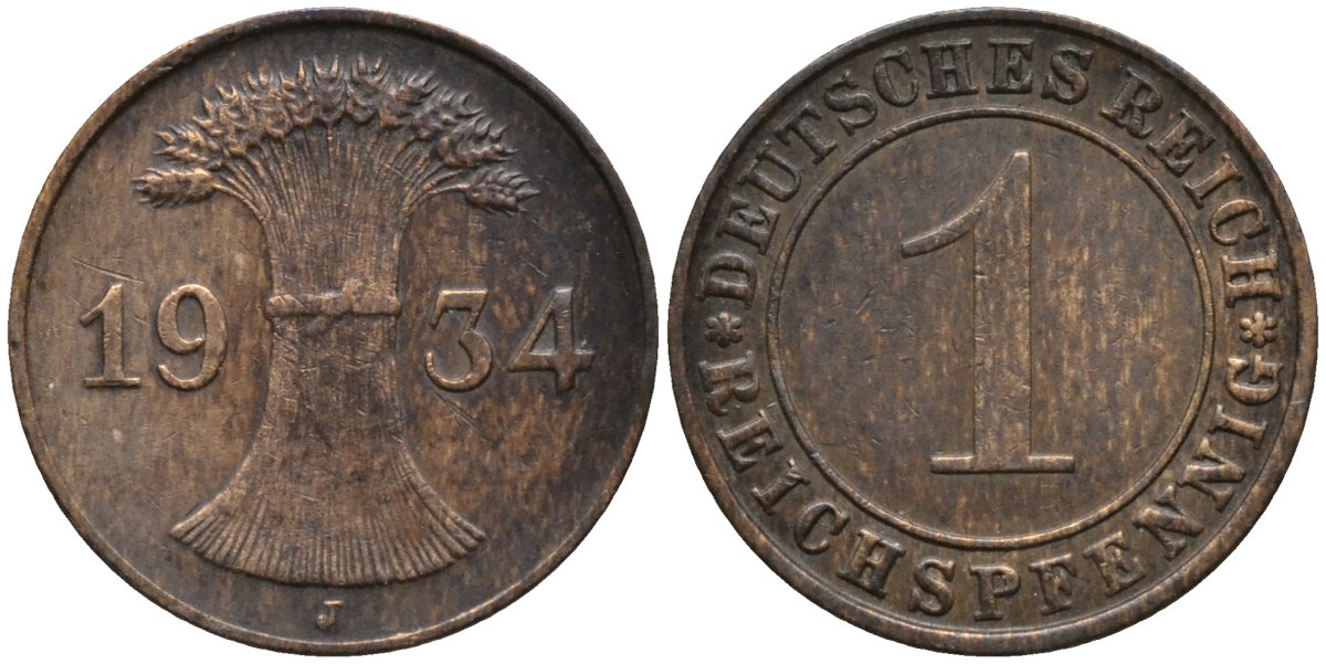 Германия 1 рейхспфенниг 1934 J KM 37 бронза 44-1252
