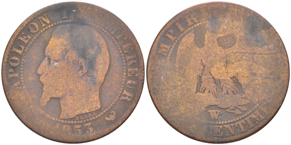 ФРАНЦИЯ 5 САНТИМОВ 1853 W, НАПОЛЕОН III (1852-1870) КМ 777.7, LE FRANC 116.7 бронза 4402-857