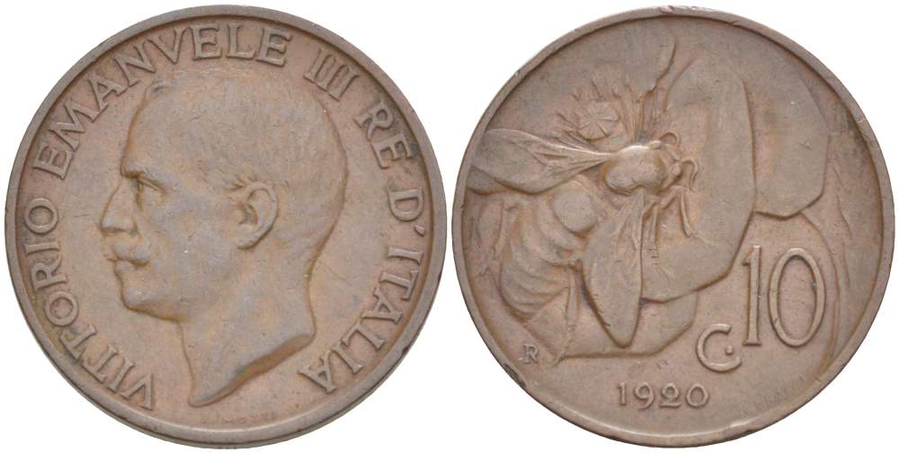 ИТАЛИЯ 10 ЧЕНТЕЗИМО 1920 R, МОНДВОР РИМ, ВИКТОР ЭММАНУИЛ III (1900-1946) KM 60 медь 4525-224