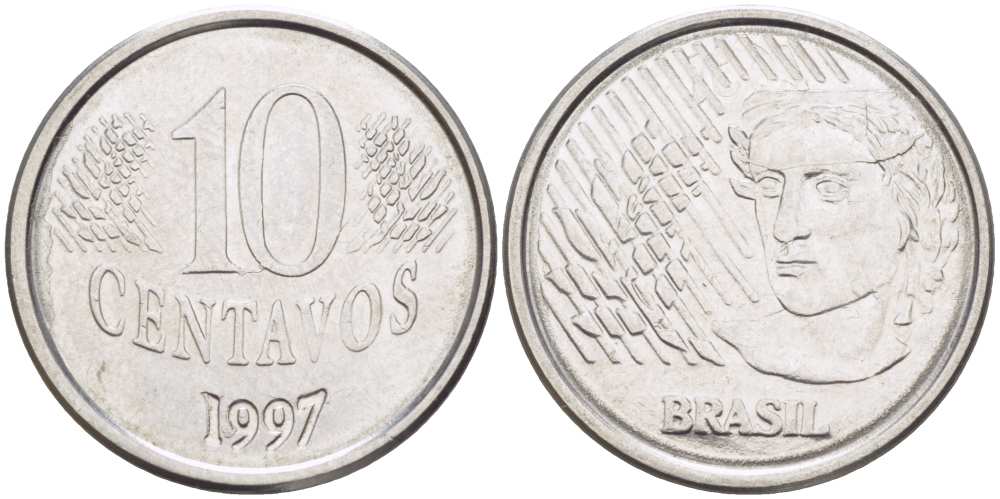 Бразилия 10 сентаво 1997 голова свободы KM 633 нержавеющая сталь 60-216