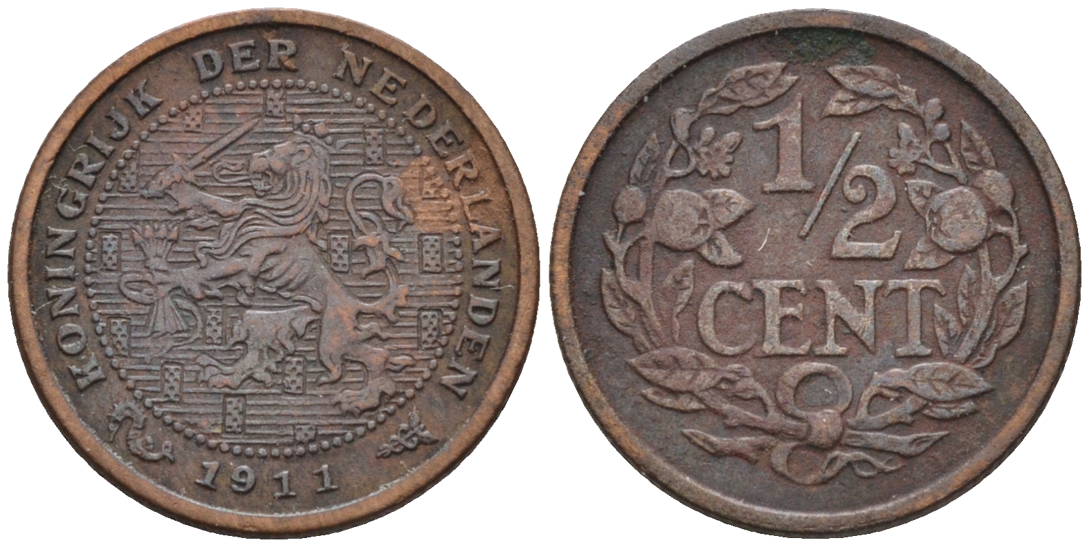 Нидерланды 1/2 цента 1911 Вильгельмина (1890-1948) KM 138 бронза    4169-237