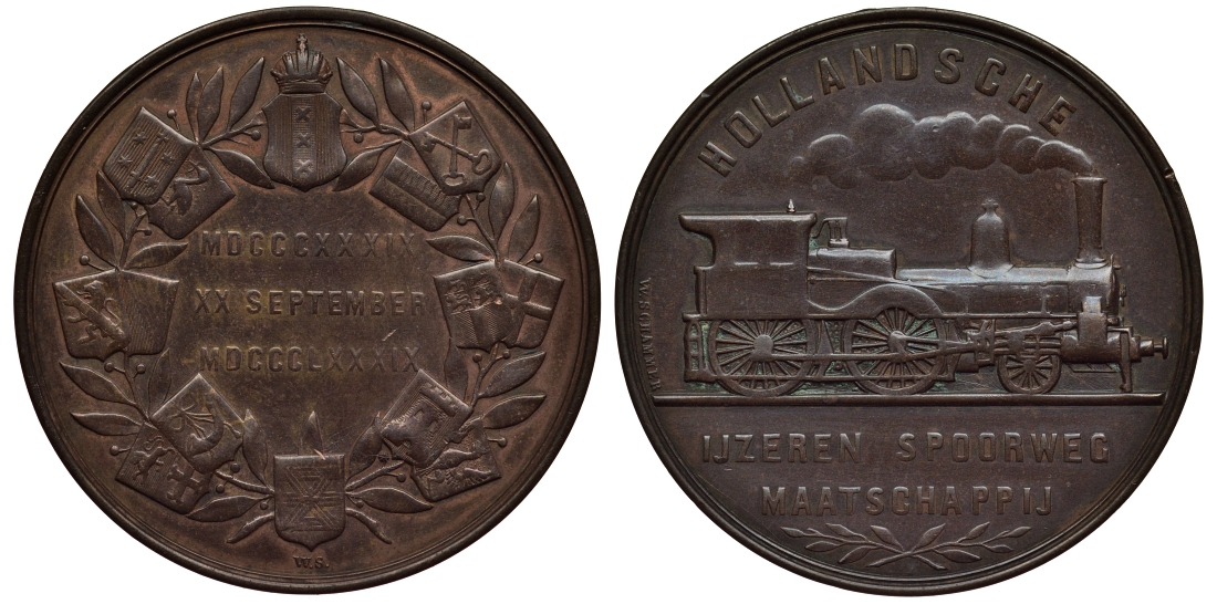 Нидерланды медаль 1889 50 лет Голландской железной дороги, паровоз, 44 мм Zw.841 бронза 1072-5-12