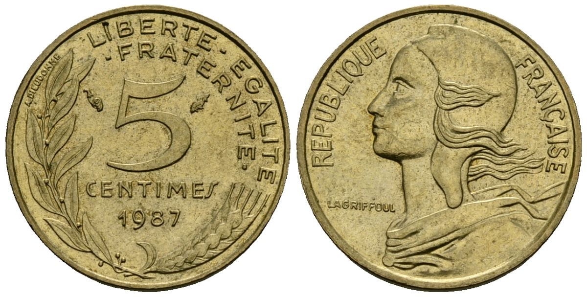 Франция 5 сантимов 1987 тип Marianne KM 933 алюминиевая бронза 4136-447